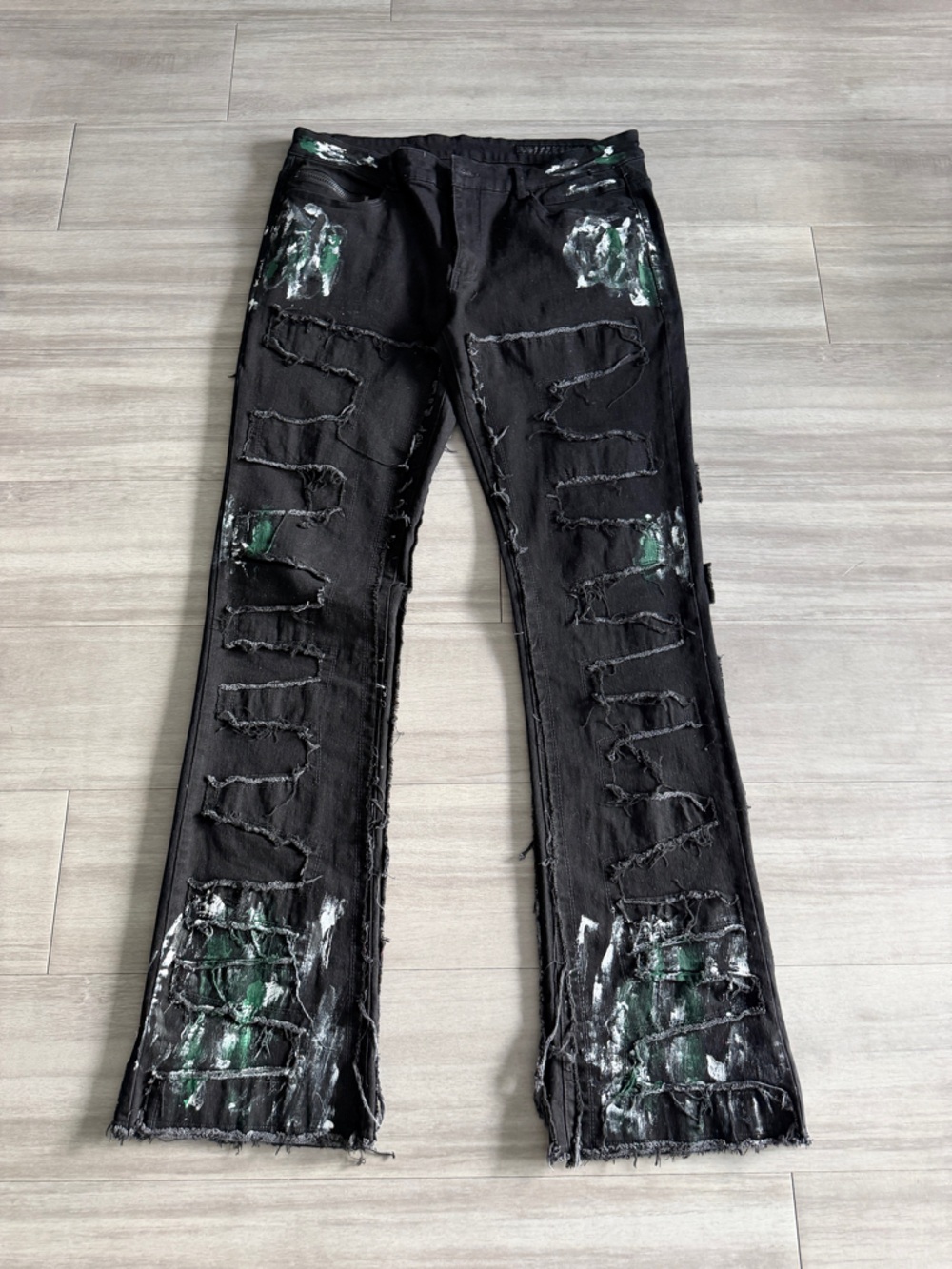 Rockstar Original Black Distressed Flare Jeans w Green Paint Detail (Size 38)